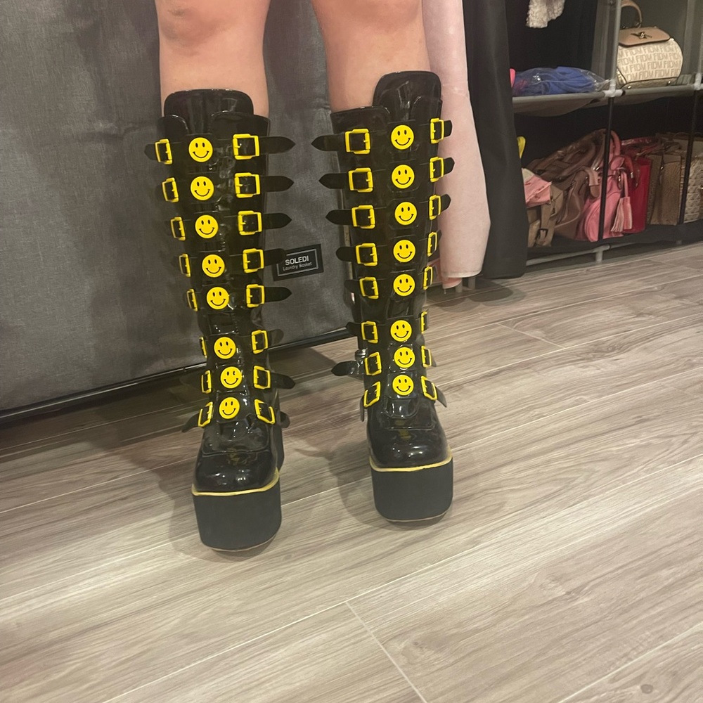 Dolls Kill Black and Yellow Smiley Face Platform Boots